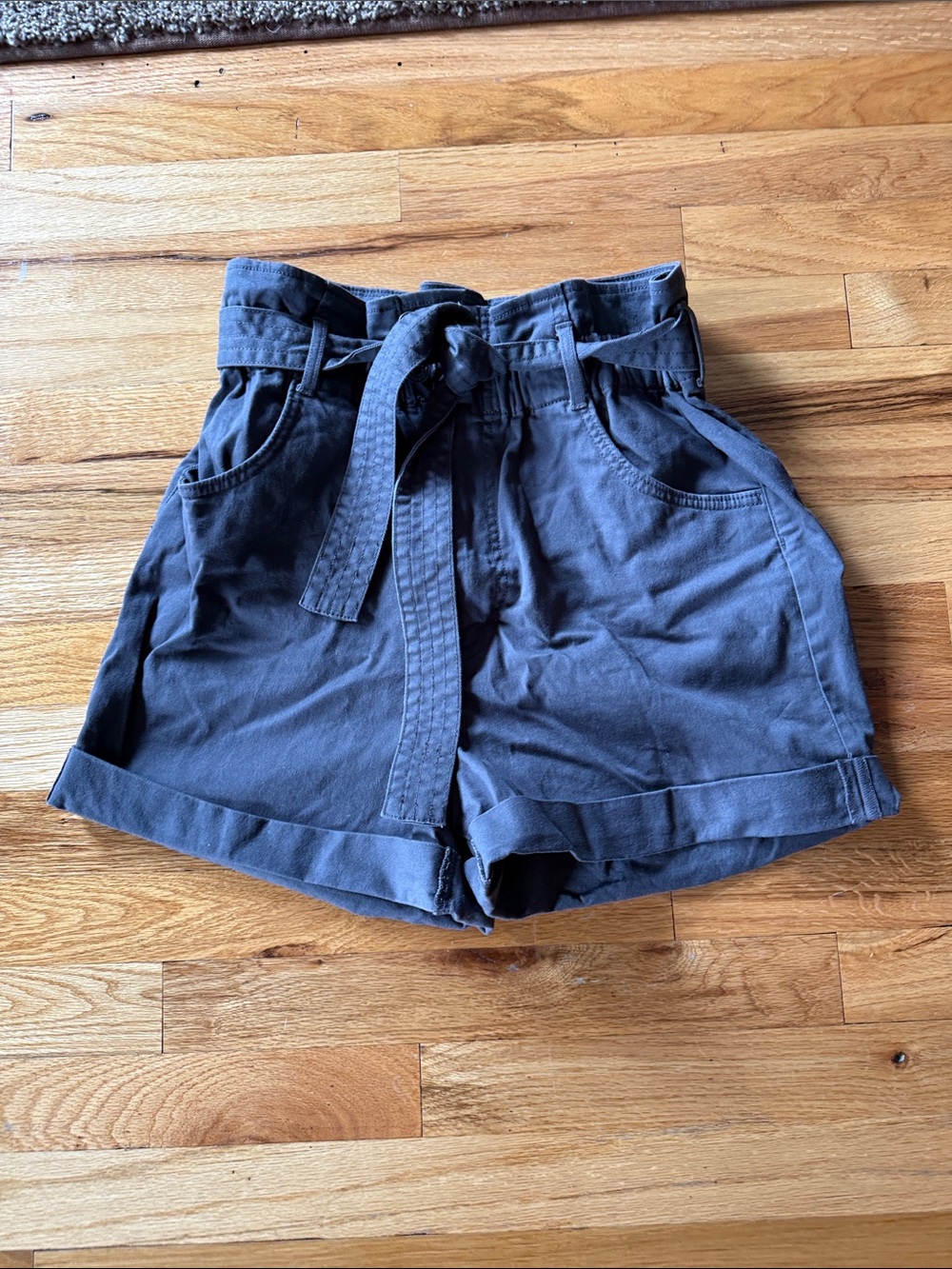 Garage High-Waist Paperbag Shorts with Tie Belt - Charcoal